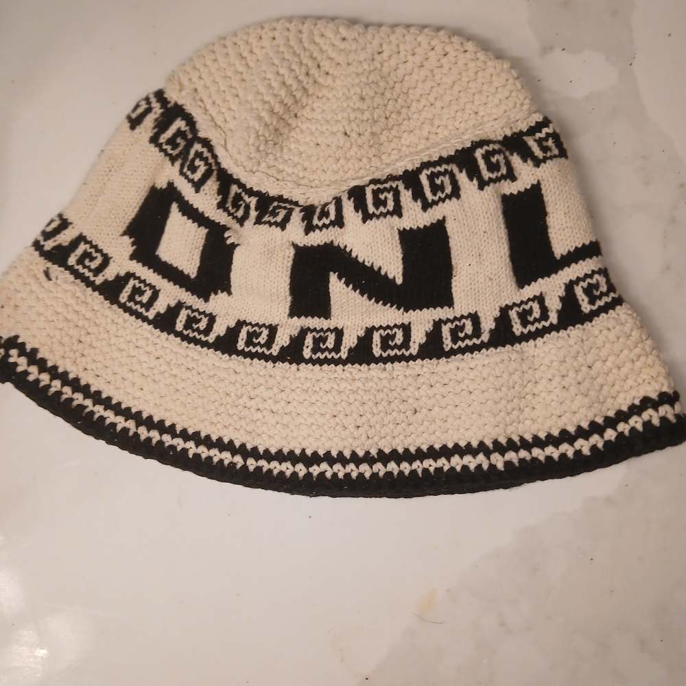 Cream & Black Knit Bucket Hat with Bold Lettering